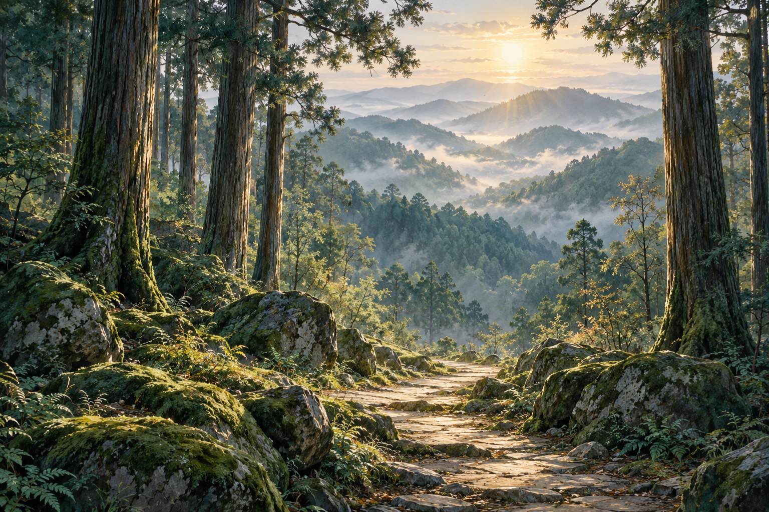 奈良の風土をイメージした古木と山道のイラスト